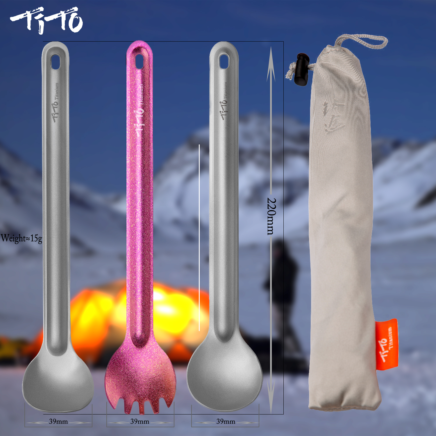 Camping Cooking Utensils Kit - TiTo Titanium Spork Spoon Long Handle