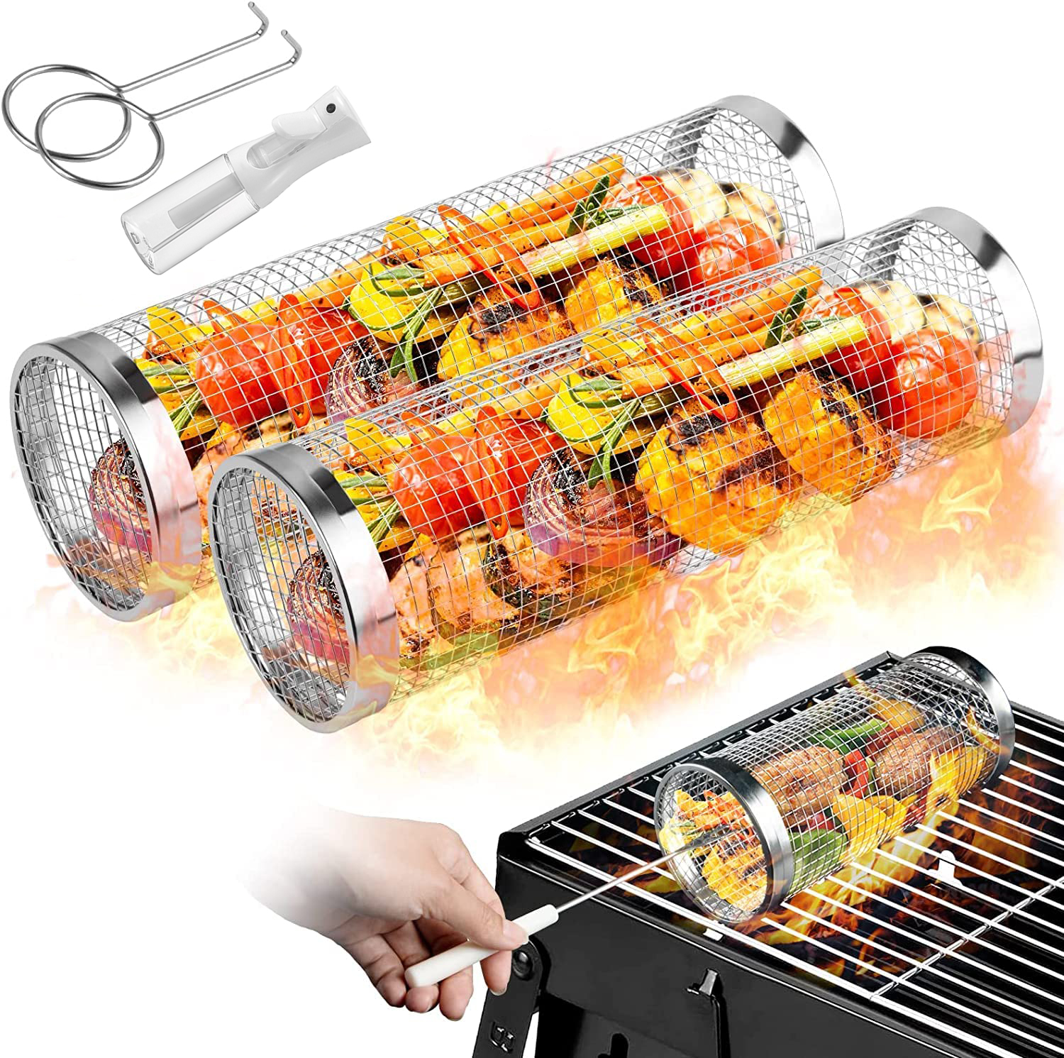 Camping Cooking Utensils Storage - 2 Pieces Rolling Grilling Baskets for