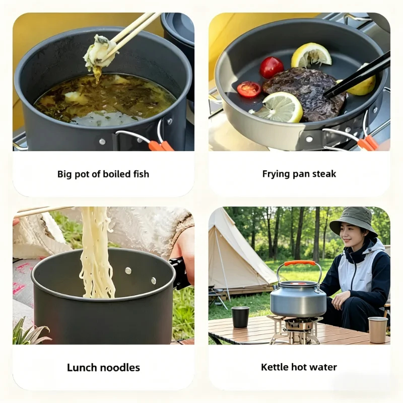 10PCS Ultralight Portable Alum - Camping Cooking Set With Kettle avis et prix